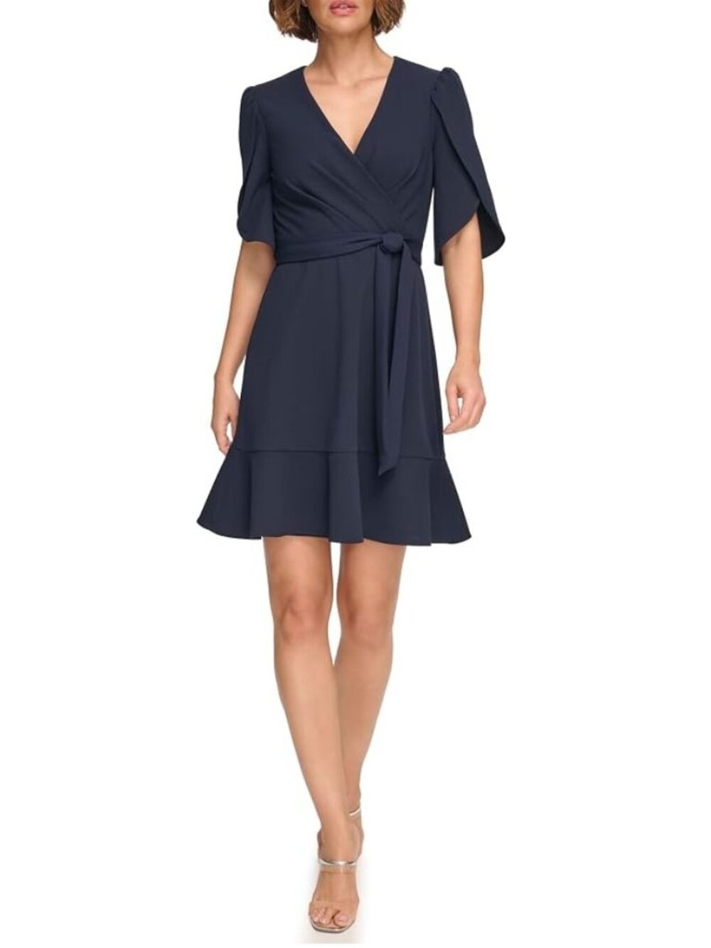 NWT DKNY Navy Sleeveless Scuba Crepe Faux Wrap Dress – V-Neck, Tie Waist